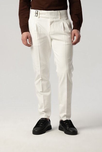 Italian Cut Pleated Buckle White Fabric Trousers 2199-123