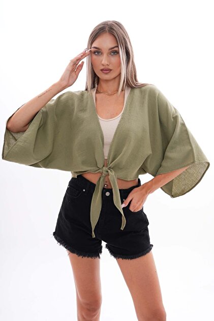 soi fashion Önden Bağlamalı Müslin Bolero Haki - Fiyatı, Yorumları