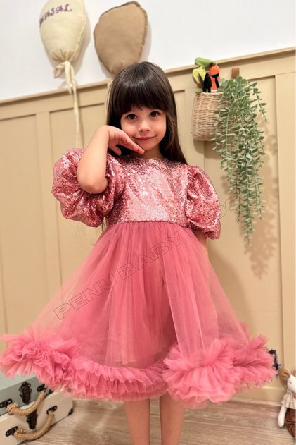 Dusty Rose Sequined Balloon Sleeves Baby Girl & Kid Dress with Dusty Tulle Hem Ruffles - Terr