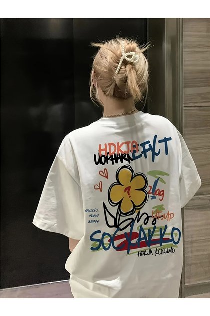 Oversized White T-Shirt for Women with Vibrant Graffiti Print - Short Sleeve, Loose Fit,