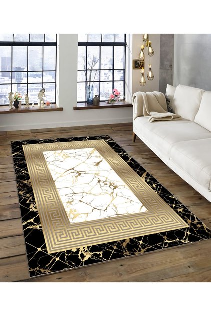 Shine M(128) Siyah Saçaksız Kaymaz Tabanlı Dijital Baskılı Dekoratif Halı 100x200