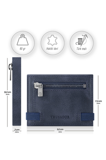 Marseille Navy Blue Zippered Genuine Leather Wallet with Mirror Elastic Rfid Protection Men Women
