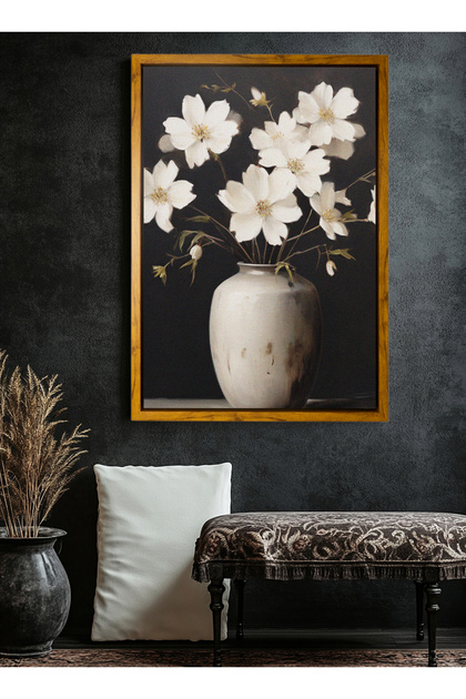 Canvas Wall Art Stretched Over Wooden Frame with Wood Color Floating Frame and Flower Vase Painting