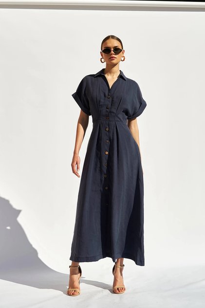 Lefon Women Front Button Shirt Collar Dress