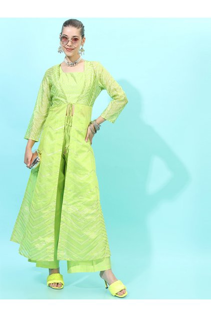 Women Green Printed Kurta Set with Palazzo and Jacket