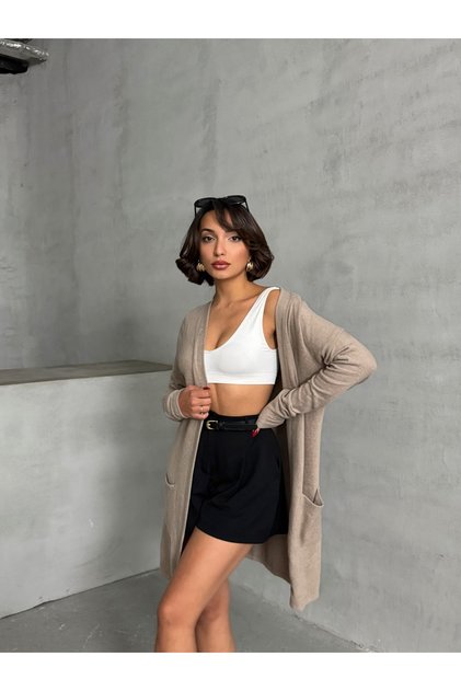 Women's Beige Raised Soft Fabric Pocket Basic Long Cardigan