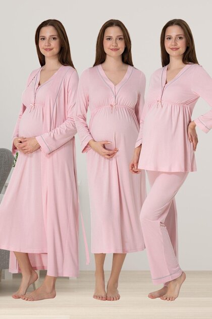 Lohussa Women's Pink Special Design Maternity Dressing Gown, Pajama Set, Nightgown Set of 4