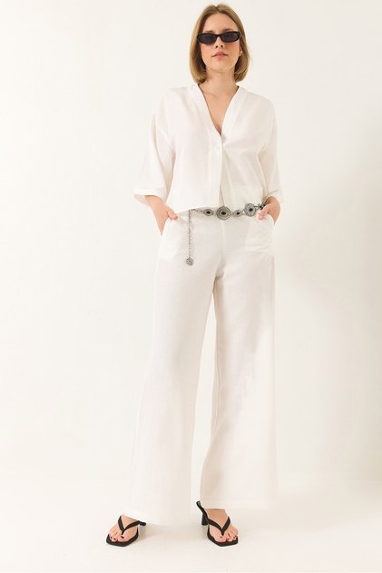 Women's White V-Neck Bat Sleeve Linen Kimono Top and Palazzo Pants Set 9295 60281019