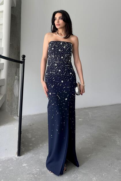 Navy Blue Stone Embroidered Slit Strapless Evening Dress