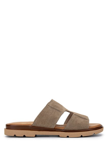 Women's Genuine Leather Sand Beige Suede Flat Slippers