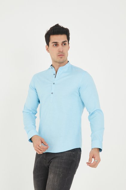 Turquoise Half Pat Hakim Collar Lycra Slim Fit Men's Shirt