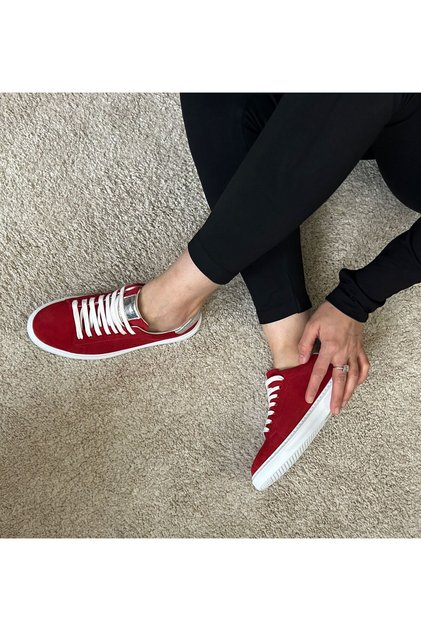 Kadın Anatomıc iç Dış Deri Bağcıklı ince Tabanlı Spor Ayakkabı Sneaker -Kırmızı