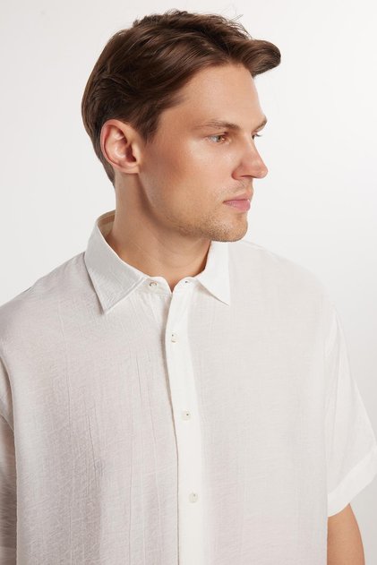 Oversize Seasonal Linen Textured Loose Fit Short Sleeve Comfortable Men's Ecru Shirt