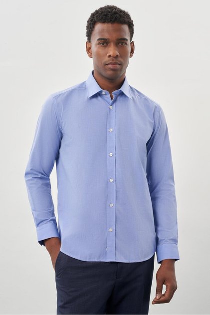 Men's Blue Long Sleeve Hard Collar Cotton Slim Fit Shirt 1004240008