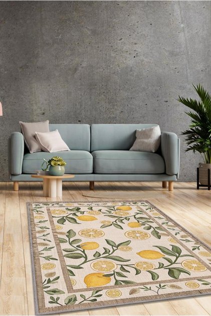 Art Deco Limon Desenli Halı Bitki Temalı Sarı Renk Modern Limon Desenli Dijital Baskı Halı