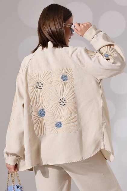 Women's Linen Kimono Jacket and Pants Set with Sequin Embroidery on the Back and Sleeves