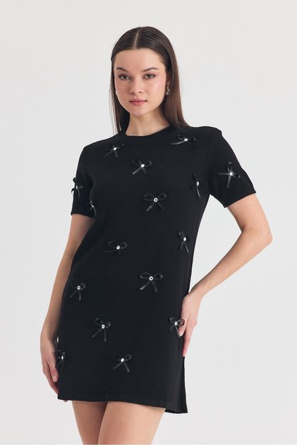 Siyah Kurdela Detay Triko Elbise 2117