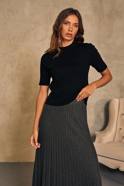 Short Sleeve Crew Neck Soft Textured Black Knitwear Blouse