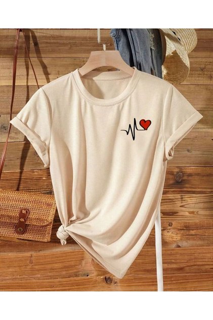 Oversize Heart Rhythm Printed Beige Relaxed Fit T-Shirt Unisex