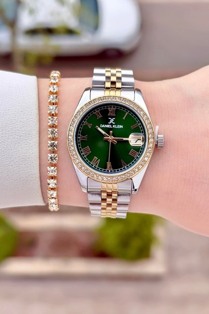 Kadranı Yeşil Kordonu Gold Silver Renk 24 Ay Garantili Kadın Kol Saati Ve Bileklik