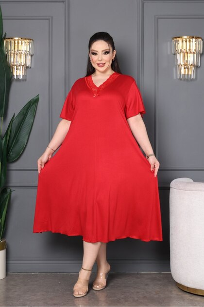 uranur Bamboo V-Neck Lace Detailed Skirt Flared Dress Plus Size- Trendyol