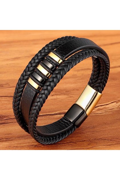Gold Fashion 3 Layers Black Punk Style Design Leather Bracelet for Men Stainless Steel Magnetic Butt