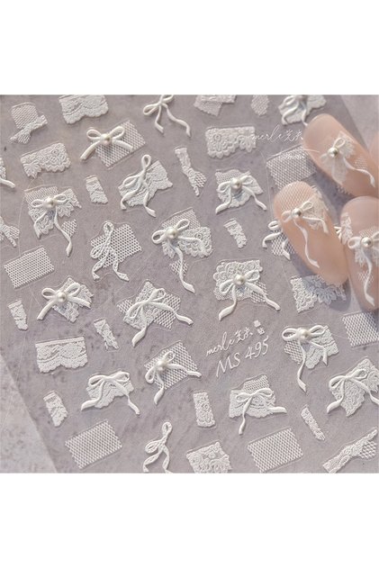 1pcs MS495ZZ 1pcs 5D Diamond Japanese White Lace Bow Nail Art Stickers Pearl Rhinestones Nail Decora