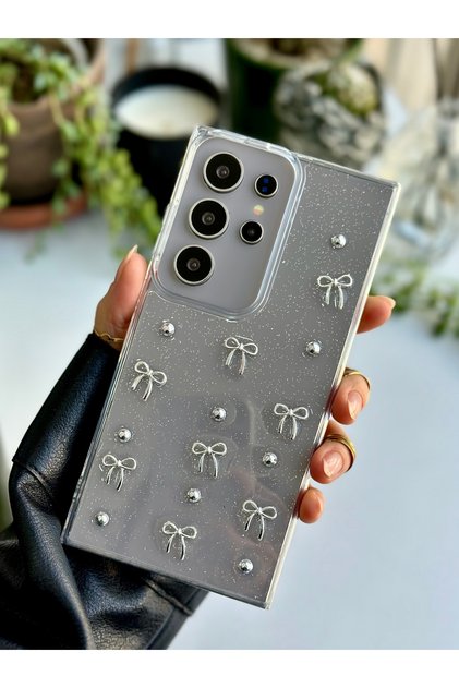 Galaxy S24 Ultra Compatible 3D Mini Bow Design Silicone Case with Toy
