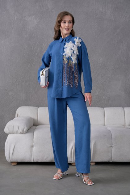 Women's Front Sequin and Embroidered Tulle Floral and Stone-Embellished Linen Shirt and Trousers Top and Bottom Set