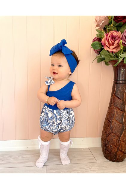 Shawl Print One Shoulder Camisole 100% Cotton Baby Girl Romper and XL Bandana Set