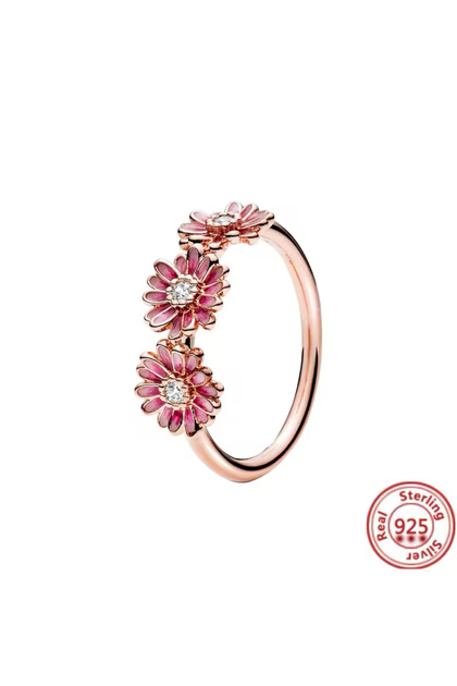 Gümüş Pembe Papatya Üçlemesi Yüzük