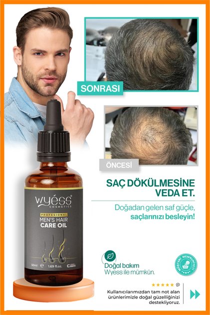 Yeni Etkili Formül Erkek Saç Bakım Yağı - Dökülme Karşıtı, Saç Çıkarıcı & Besleyici Etki, E & A Vitaminli 50 ml