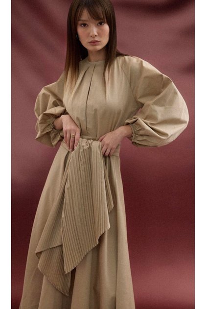 Zehra Belt Pleated Gabardine Dress