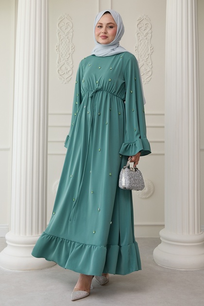 Stone Embroidered Sleeve Ruffled Mint Dress