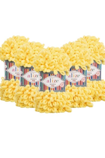 Puffy Fine Hand Knitting Yarn 5 Pack - 113 Yellow - 100 Gr. 14.5 Mt. Finger Knitting Yarn