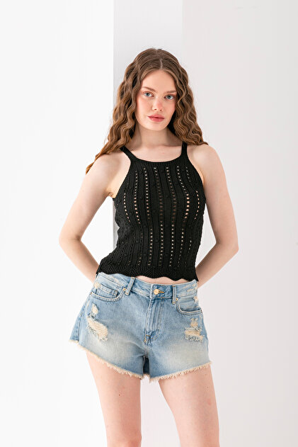 Perforated Patterned Knitted Strap Crop Blouse with Halter Neck, Perforated Summer Model, Cotton, Crop