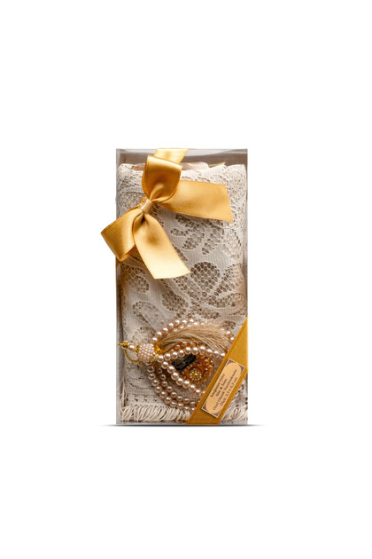 Rosary + Lacy Shawl + Zikirmatik Gift Set (Kraft Acetate Boxed, Gold)