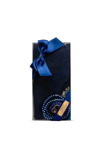 Rosary + Lacy Shawl + Zikirmatik Gift Set (Kraft Acetate Box, Navy Blue)