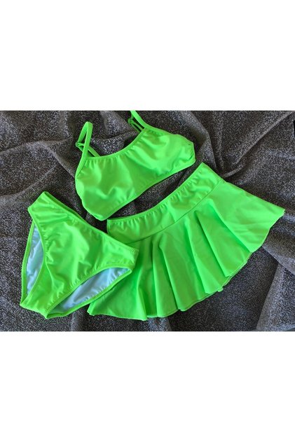 Girl's Waiter Flexible Adjustable Strap Highlighter Neon Green Skirted Bikini Suit