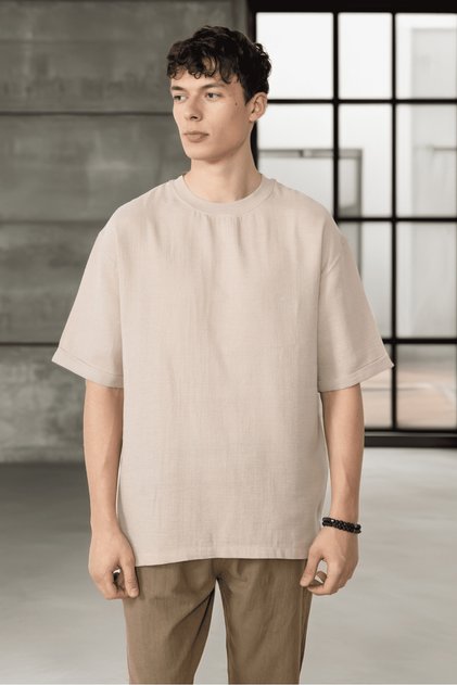 Comfortable Fit Muslin Fabric Men's T-Shirt - Medium Beige
