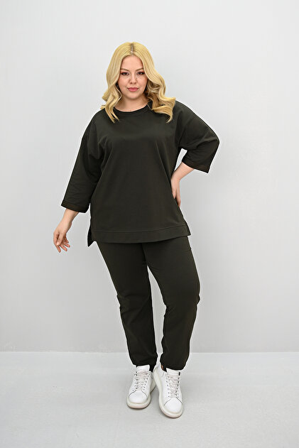 Women's Large Size Three Quarter Sleeve Elastic Leg Tracksuit Set 8185-25