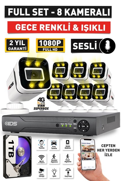 IDS SESLİ - 8 KAMERALI FULLHD GECE RENKLİ VE IŞIKLI GÜVENLİK