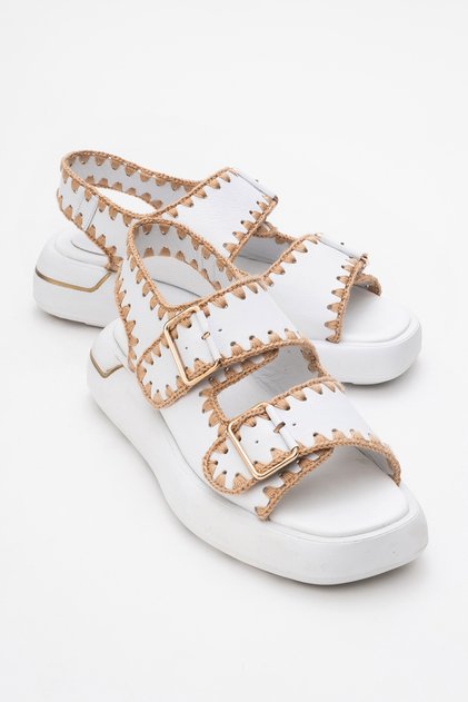 DOURO White Skin Genuine Leather Rope Knitted Detailed Women's Sandals