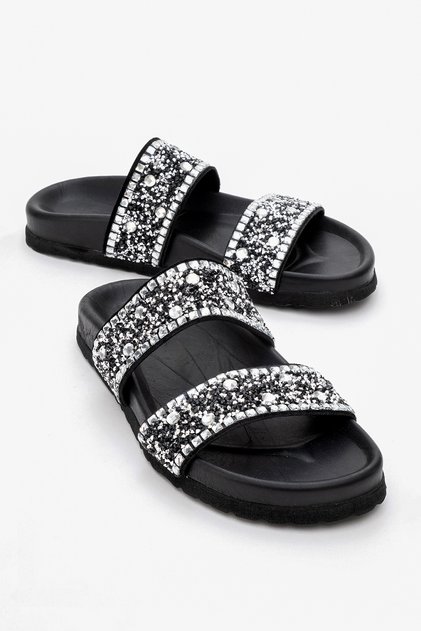 JAMES Black Stoned Double Banded Genuine Leather Women's Slippers