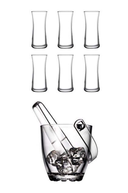 Heybeli Raki Glass 6 Pieces and Ice Bucket 7 Piece Raki Set