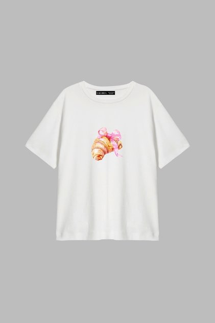 Bow Croissant Printed Relaxed Fit White Women's Tshirt