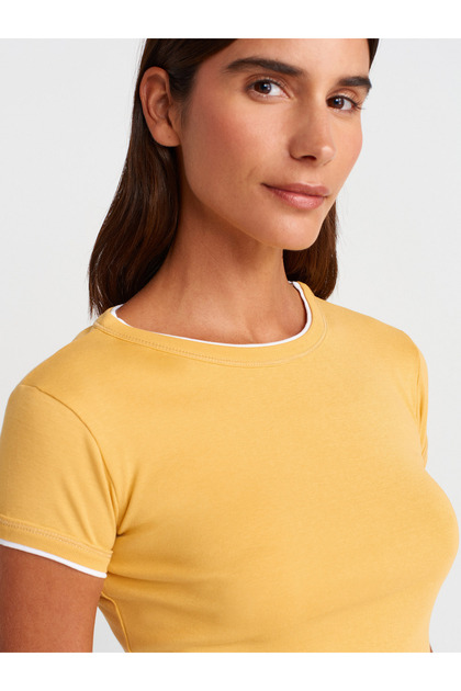 31750 %100 Pamuk Kontrast Kısa Kollu T-shirt-Hardal