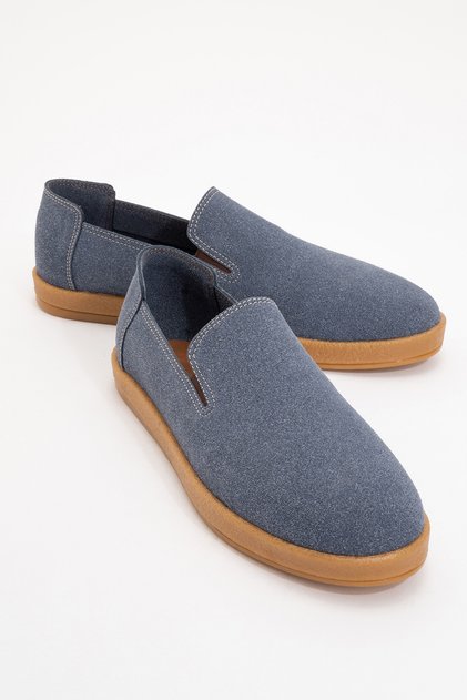 Mira Men's Blue Leather Powder Elastic Loafer Shoes