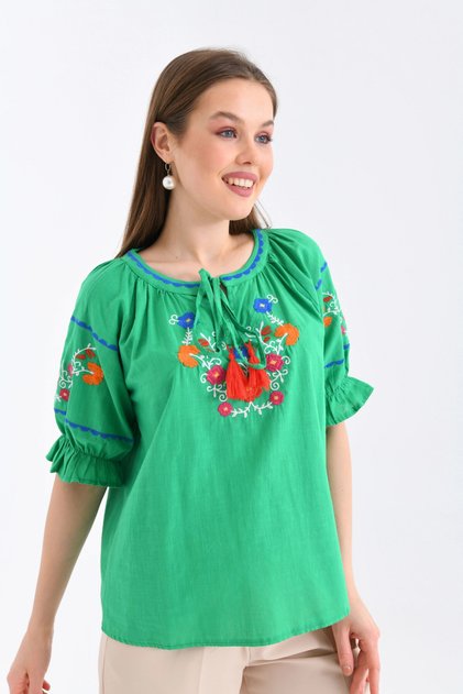 Women's Flower Embroidery Detailed Green Blouse