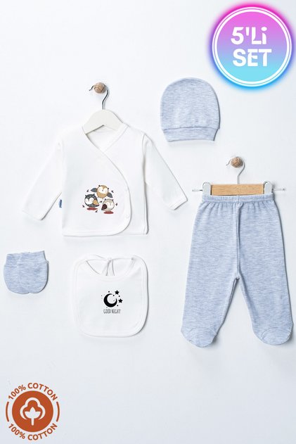 Unisex Baby Owl Printed Organic Cotton 5-Piece Newborn Baby Hospital Discharge Set